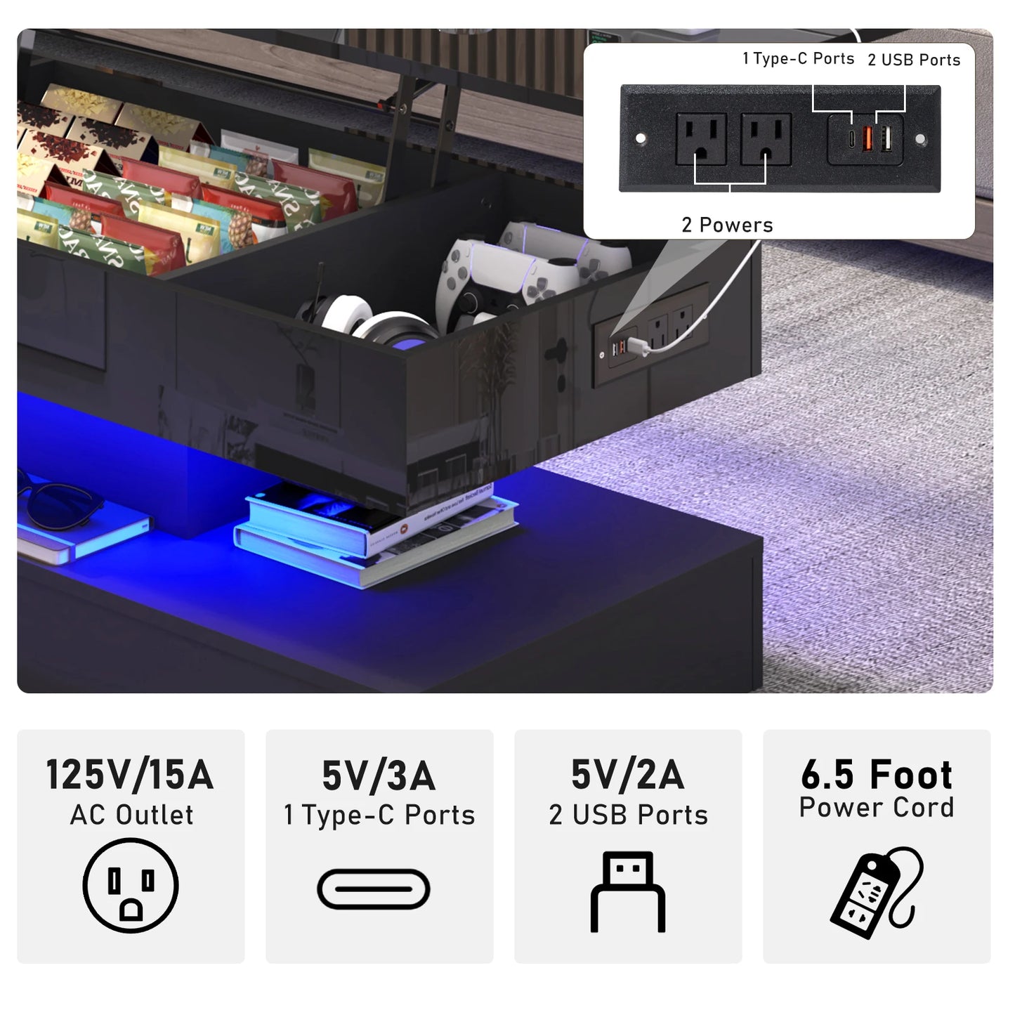 QiaoShiRen LED Coffee Table With Open Shelf And Large Storage
