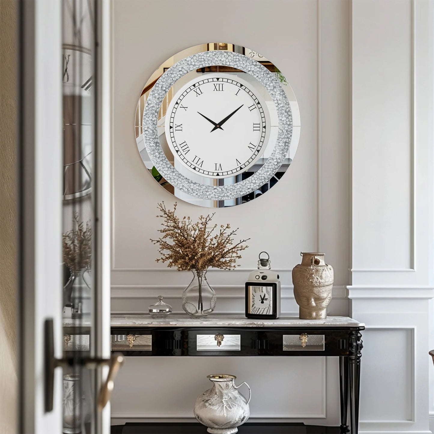 Combination Round Mirror And Mirrored Wall Clock For Living Room Decor