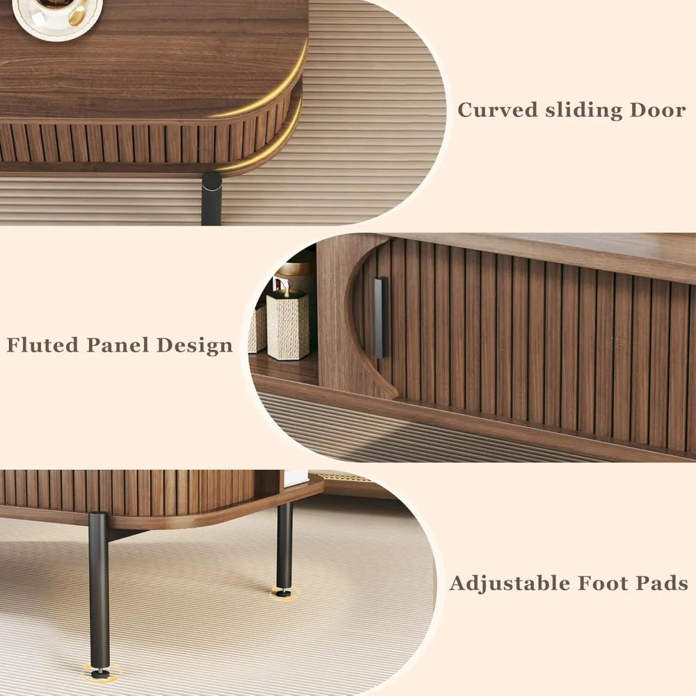 Coffee Table, 39.4" Mid Century Modern Coffee Tables for Living Room, Coffee Table with Storage Open Shelf, Fluted Table