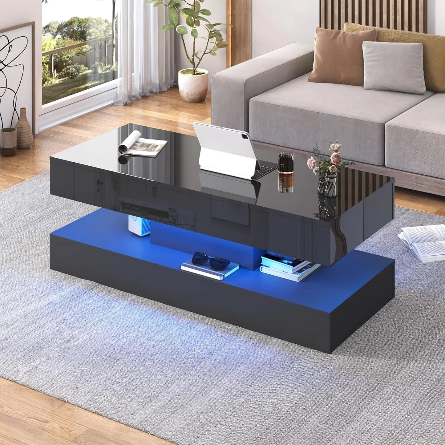 QiaoShiRen Modern Coffee Table With LED Lights And Storage Drawers
