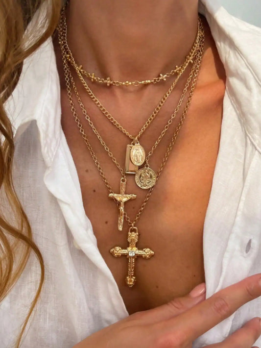 Layered Gold Tone Necklace Set With Jesus Cross Charms