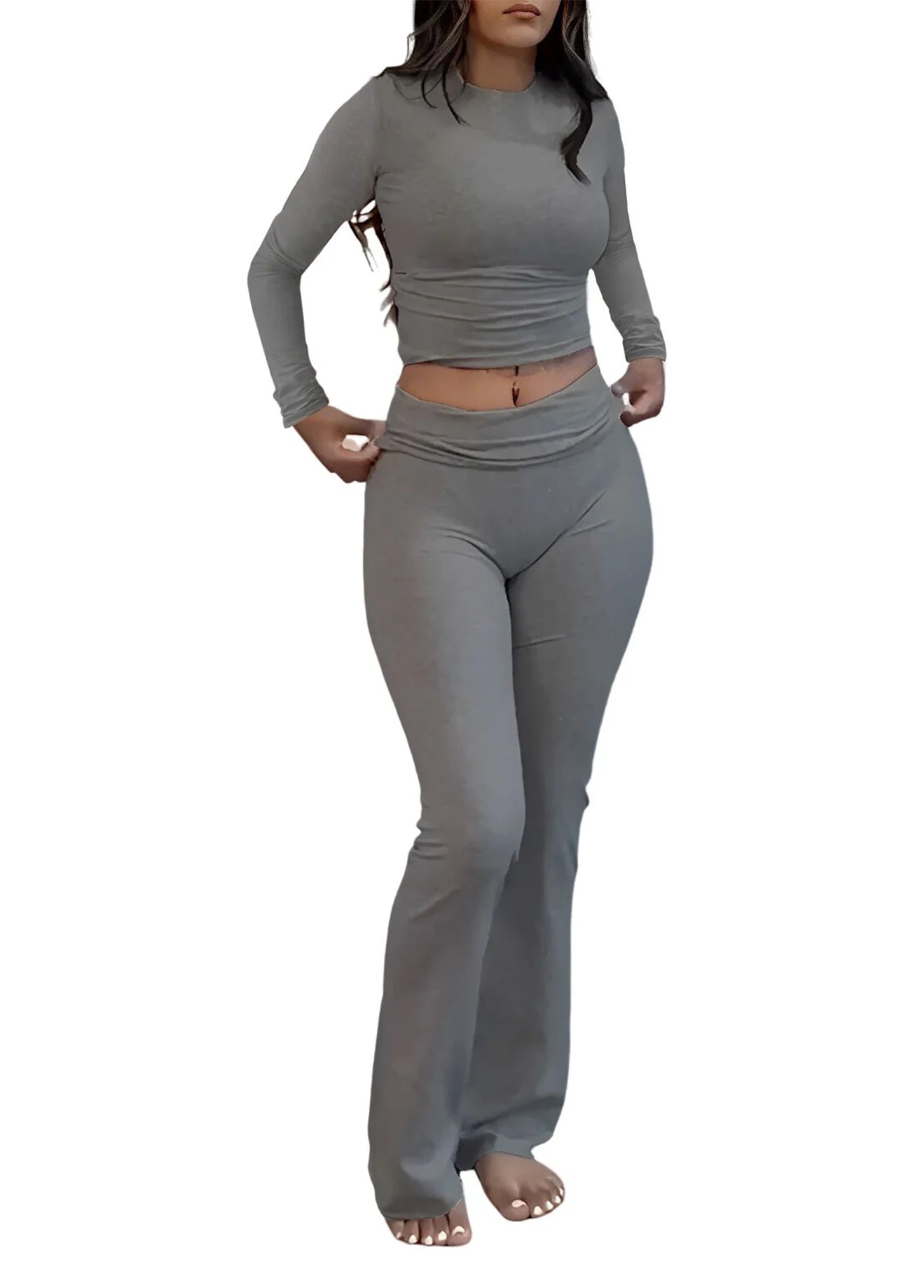 Womens Yoga Two-Piece Long-Sleeve Wide-Leg Activewear Set For Home