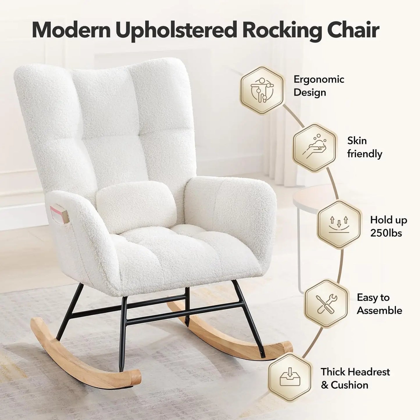 Studyset Modern Upholstered Nursery Rocking Chair Teddy Boucle With Pocket