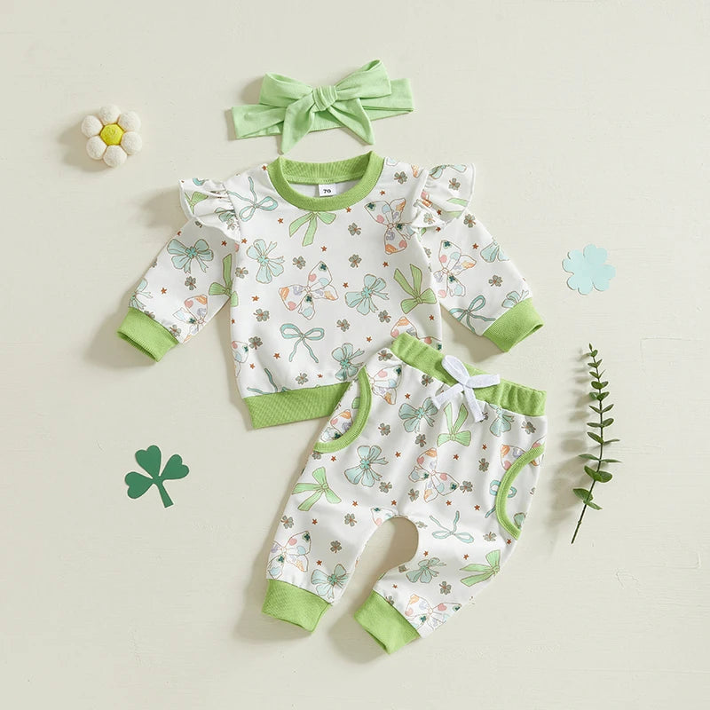St Patrick's Day Baby Girl Outfit Set Shamrock Print 3Pcs