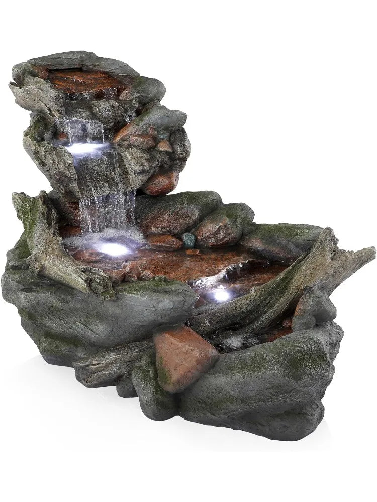 60" Long Outdoor 3-Tier Rainforest Rock River Water Hand-Painted Fountain with LED Lights