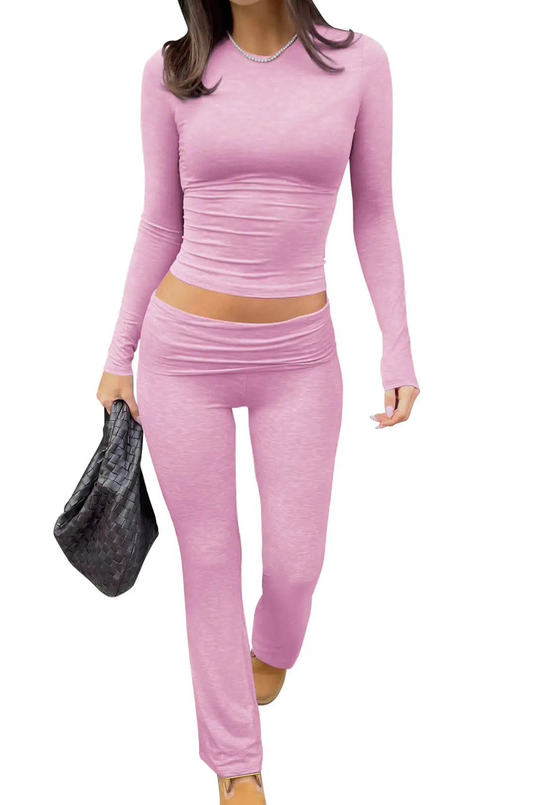 Womens Yoga Two-Piece Long-Sleeve Wide-Leg Activewear Set For Home