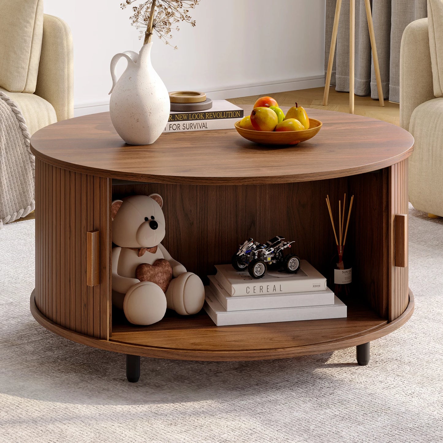 Extended Round Coffee Table With Storage And Curved Sliding Door