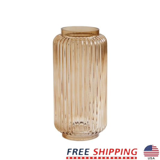 Ribbed Glass Vase Decorative Centerpiece Modern Home Accent Soft Glow