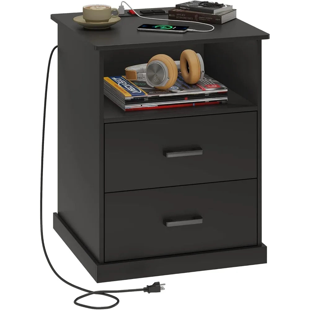 ANGDUO Nightstand With Charging Station And Storage Drawers