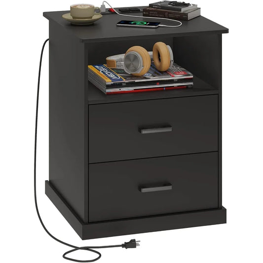 ANGDUO Nightstand With Charging Station And Storage Drawers