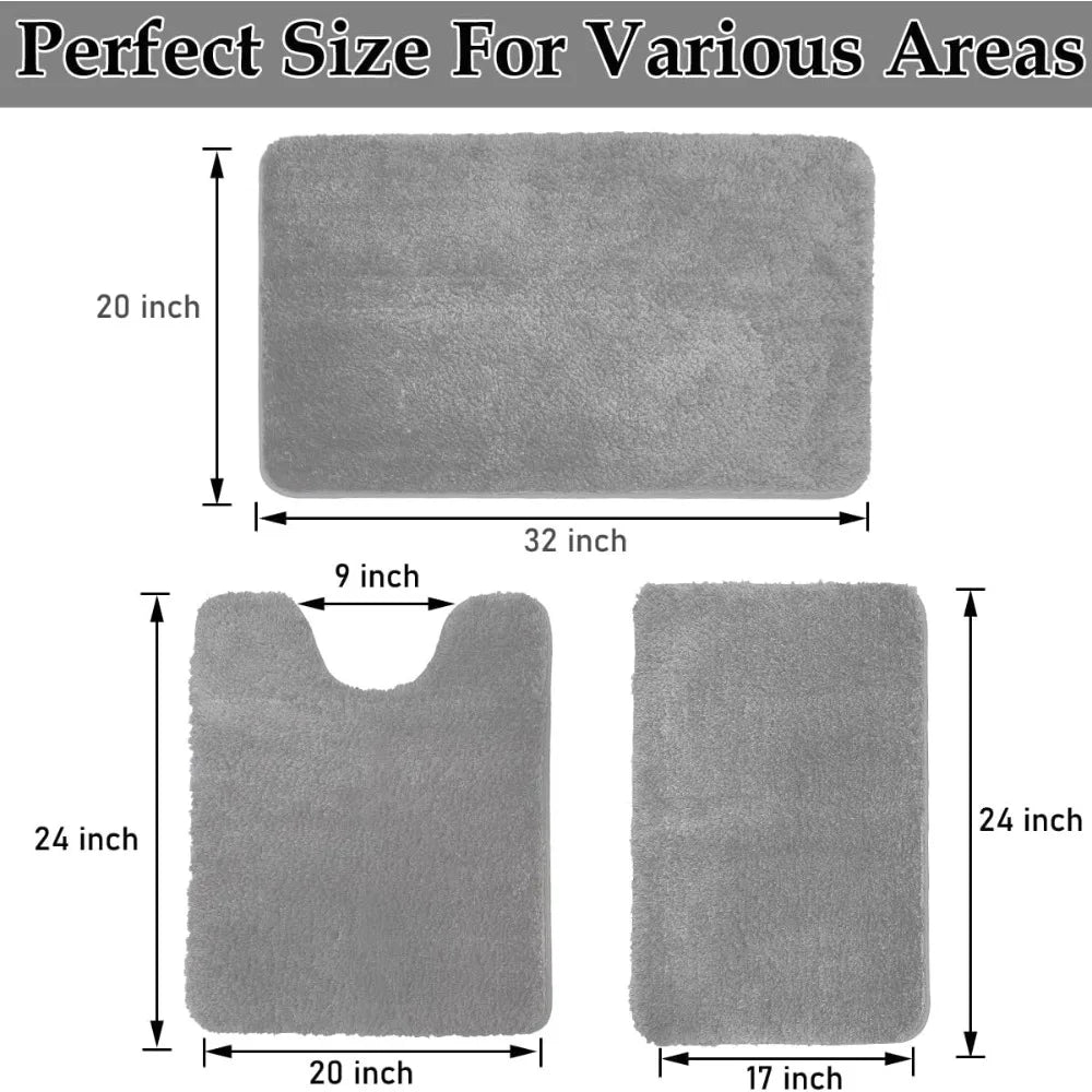 Bathroom Rugs Set 3 Piece Microfiber Non Slip U Shape Tufted Mats