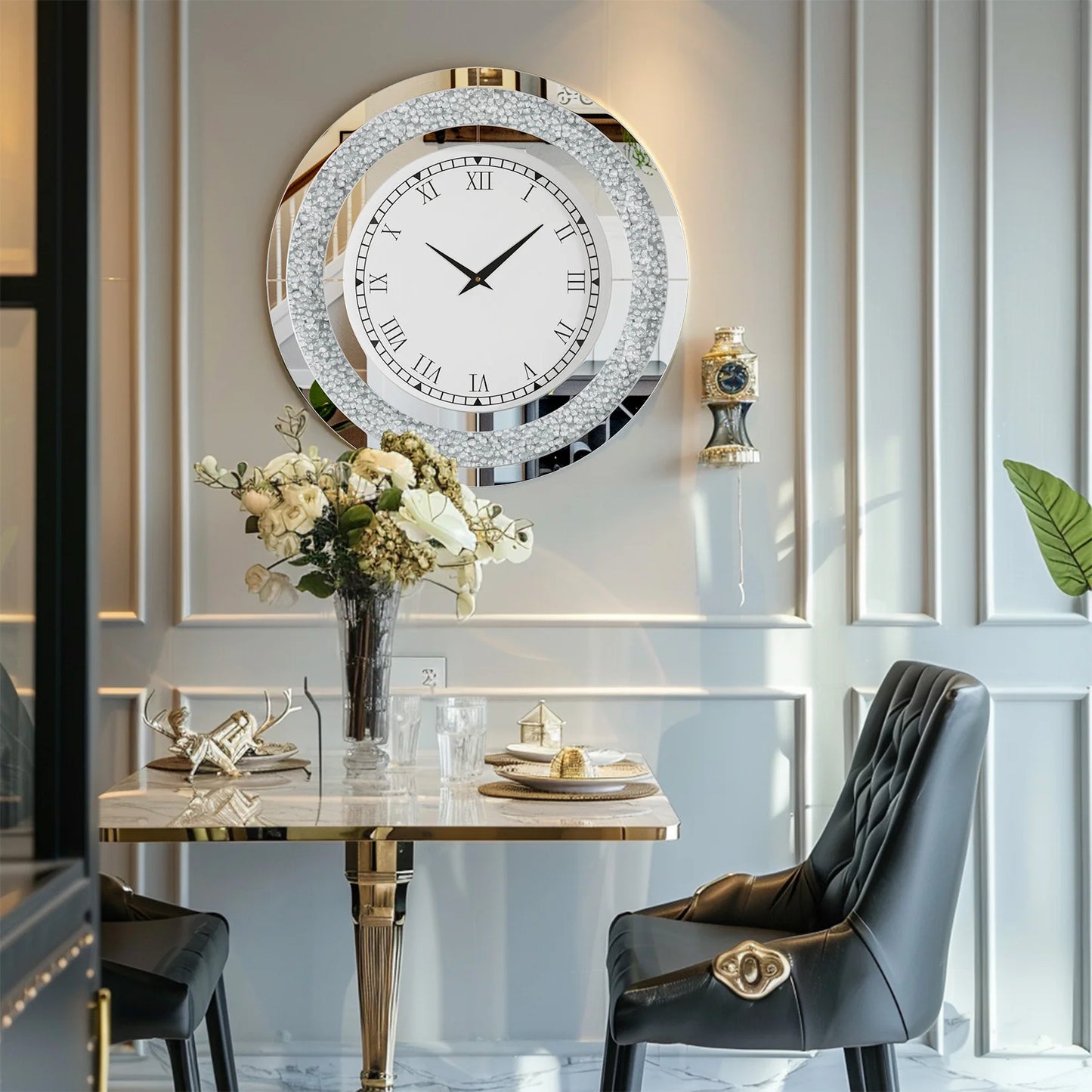 Combination Round Mirror And Mirrored Wall Clock For Living Room Decor