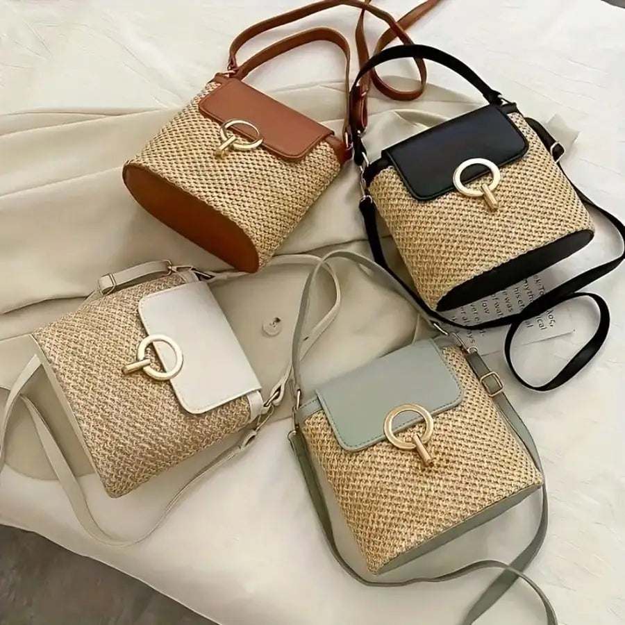 Woven Beach Crossbody Bag With Adjustable Strap And Gold Lock