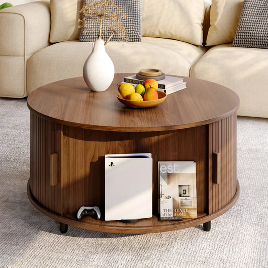 ONBRILL Round Coffee Table With Storage And Fluted Sliding Door