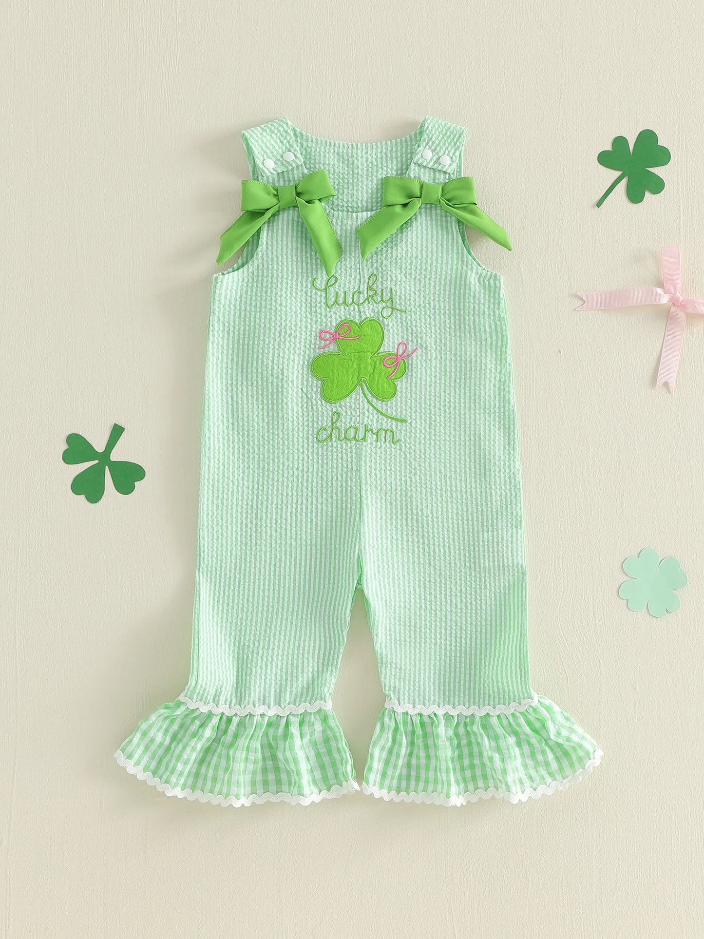 Girls St Patrick's Day Sleeveless Overall Jumpsuit With Clover Embroidery