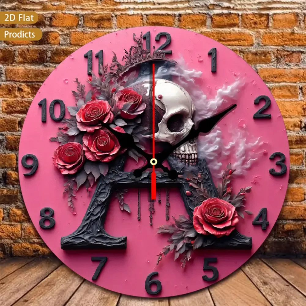 Gothic Skull Rose Wall Clock Silent Non Tick Wood Frame