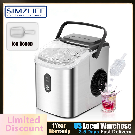 SIMZIFE Portable Countertop Ice Maker with Handle, 26 lbs/24H, 9 Cubes in 6 Mins, Auto-Cleaning(Black Choice CN)Silver Choice US