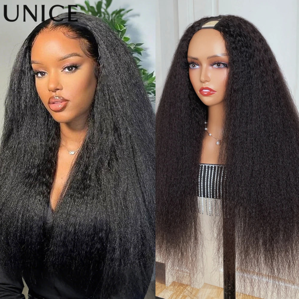 Unice Kinky Straight Remy V U Part Wig Drawstring Cap
