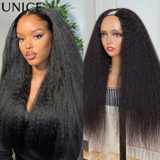 Unice Kinky Straight Remy V U Part Wig Drawstring Cap