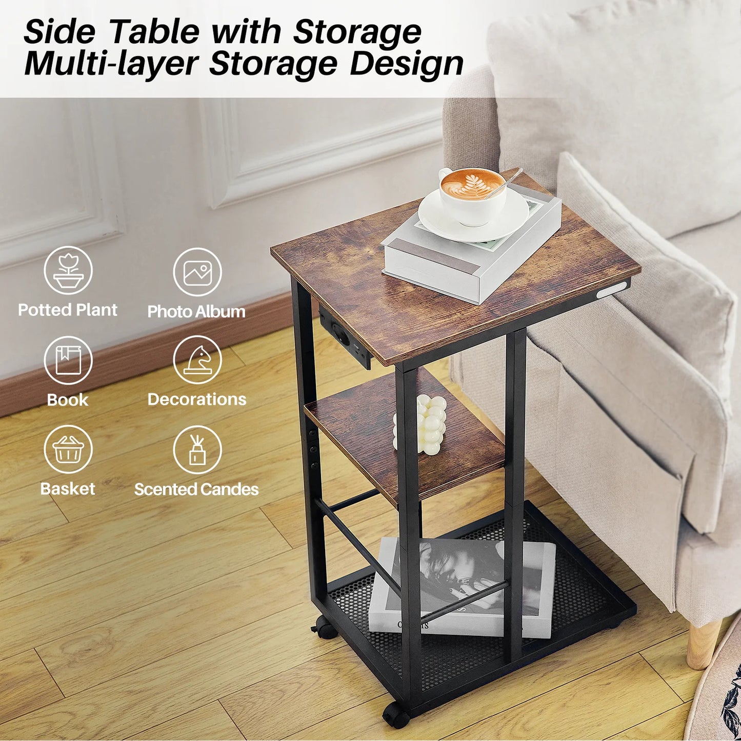 Redlife C Shaped End Table With Charging Station And Storage