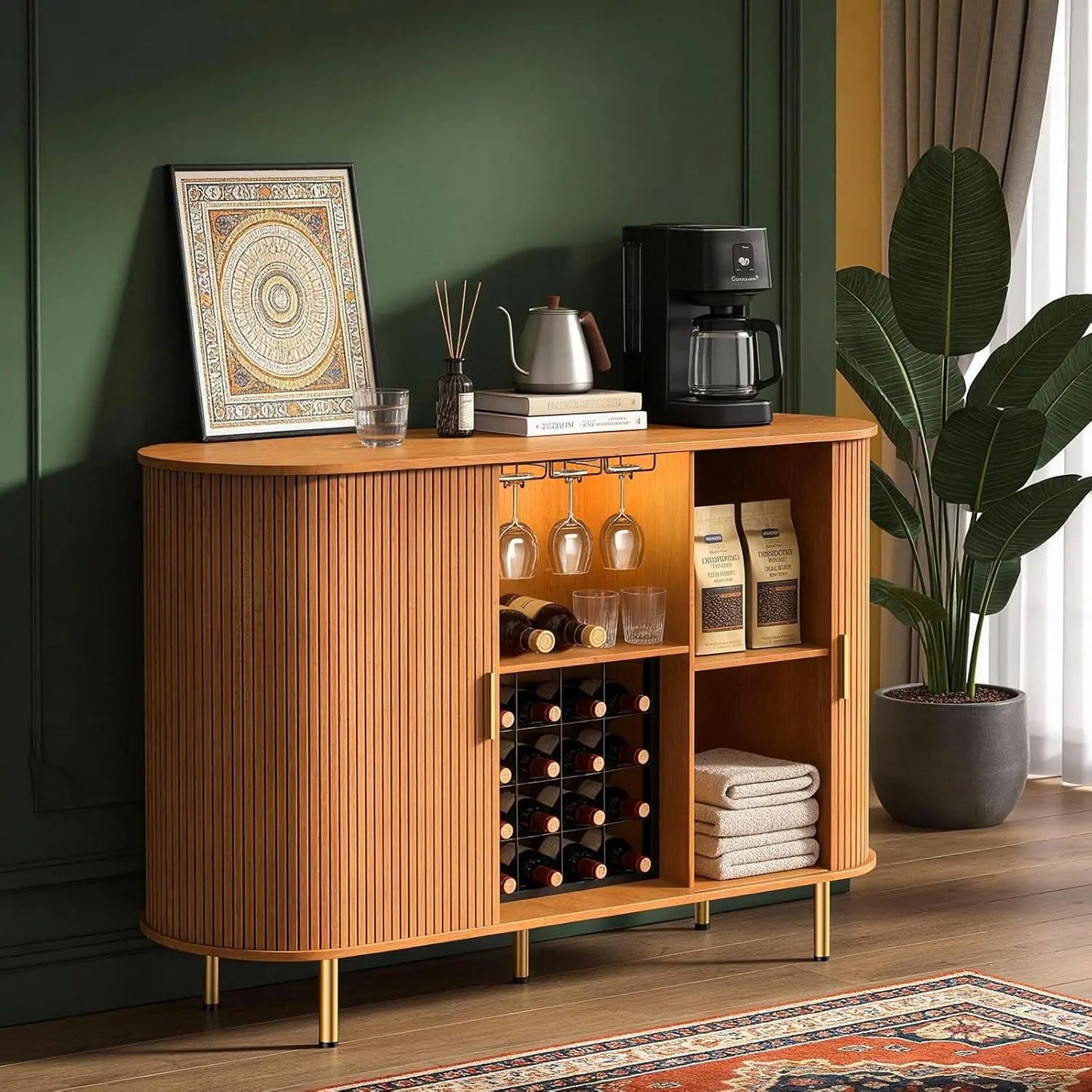 Fluted Wine Bar Cabinet With Storage And Wine Rack