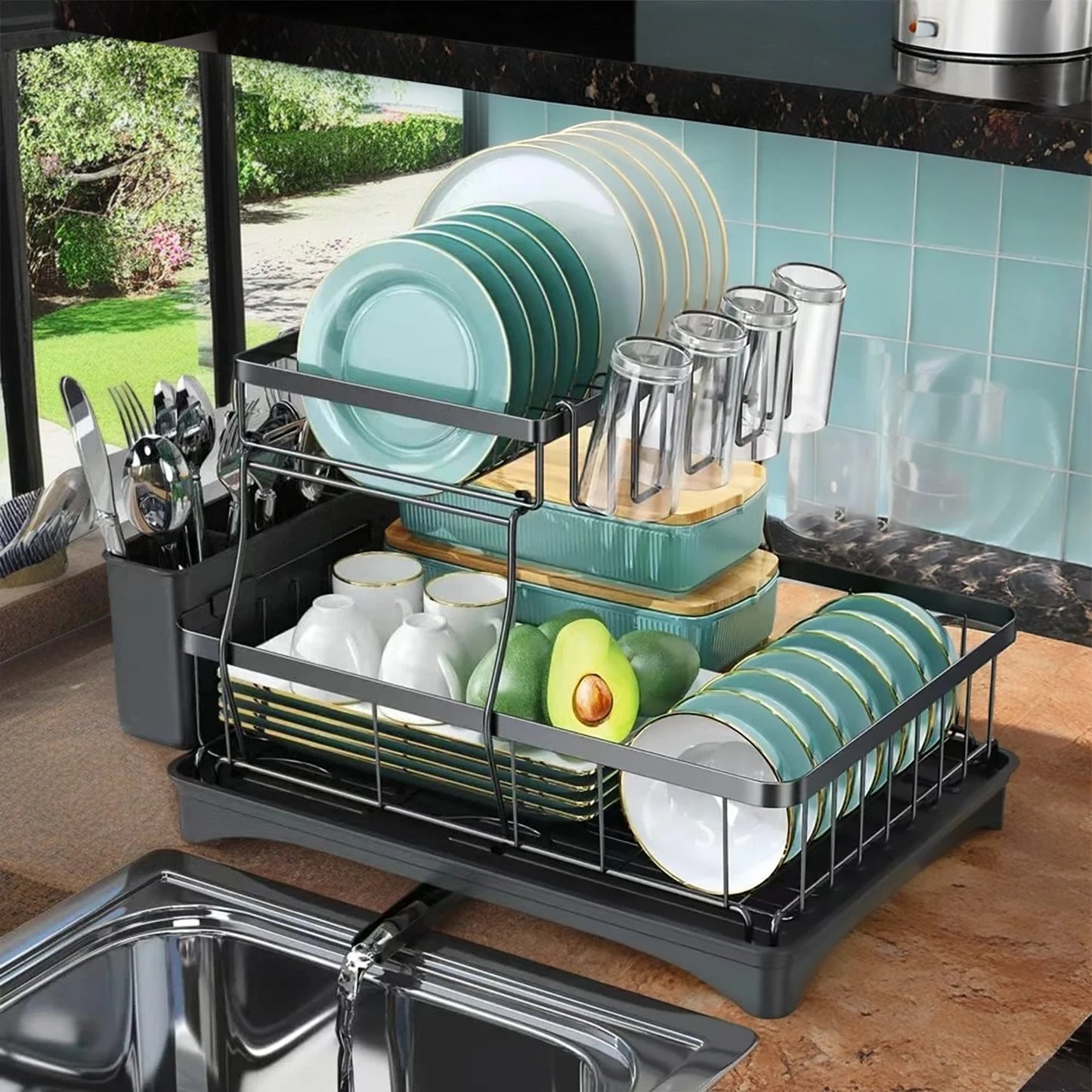 Two Tier Dish Drying Rack For Kitchen Countertops Removable Large Capacity