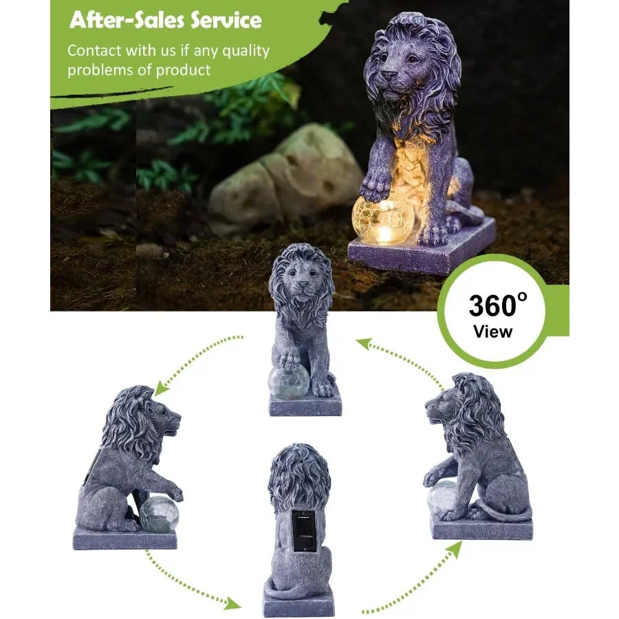 Guardian Lion Garden Statue Outdoor Decor Sculpture With Ball Lights For Yard