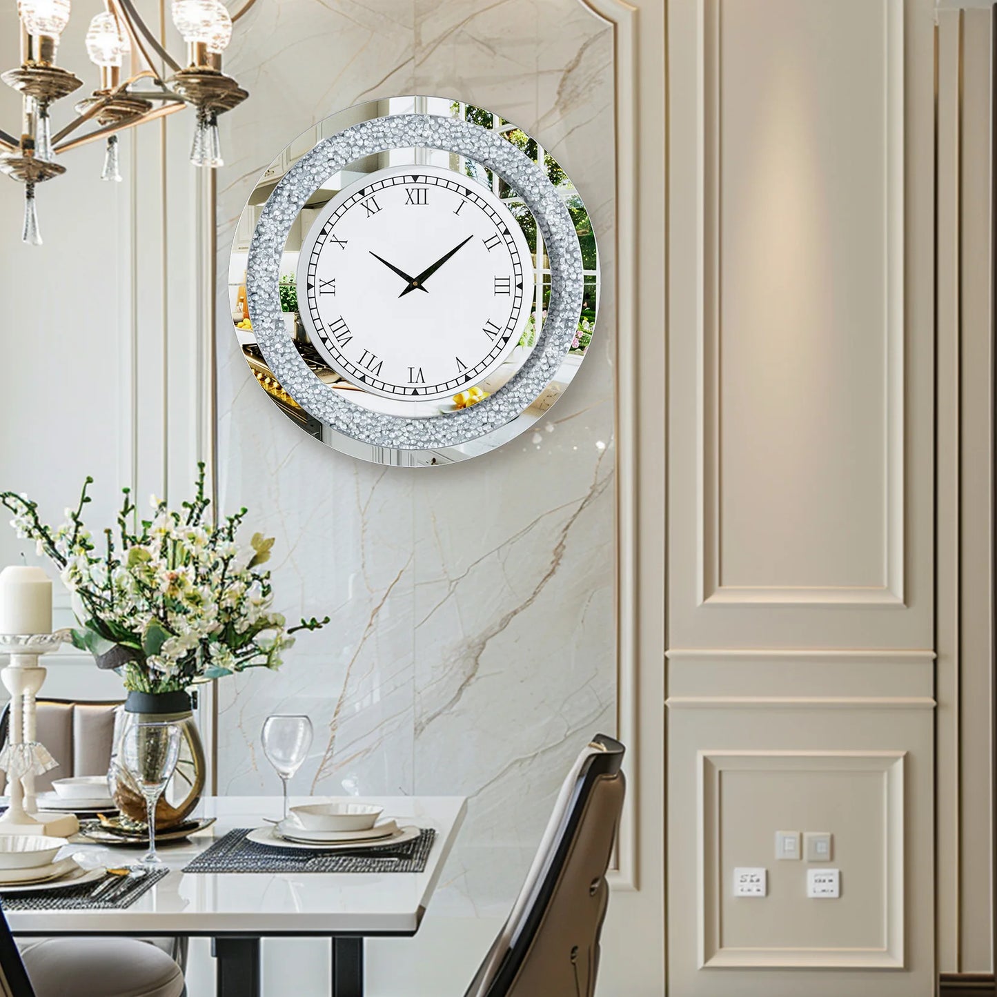 Combination Round Mirror And Mirrored Wall Clock For Living Room Decor