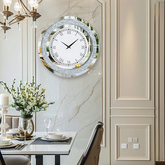 Combination Round Mirror And Mirrored Wall Clock For Living Room Decor