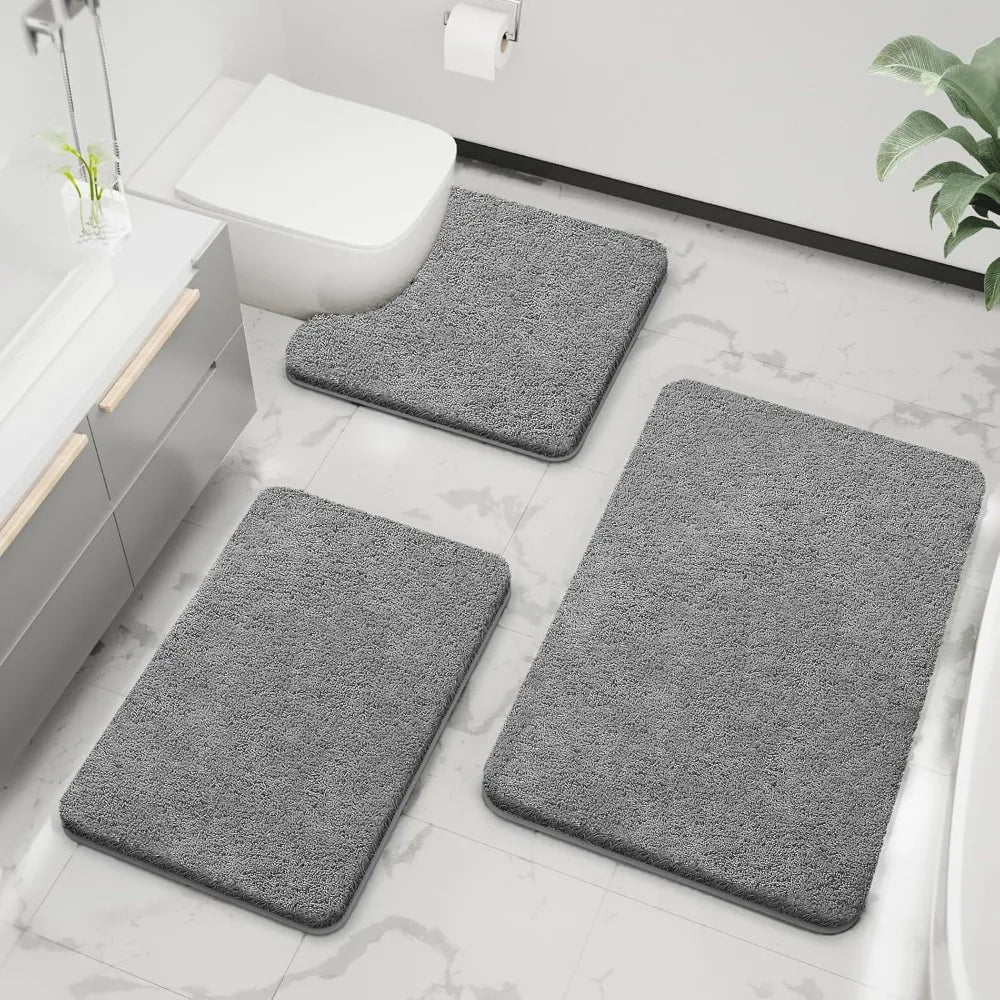 Bathroom Rugs Set 3 Piece Microfiber Non Slip U Shape Tufted Mats