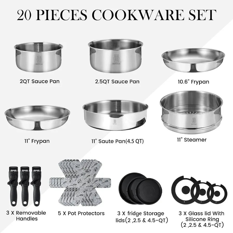 3Ply Stainless Steel Cookware Set With Removable Handles Induction Safe