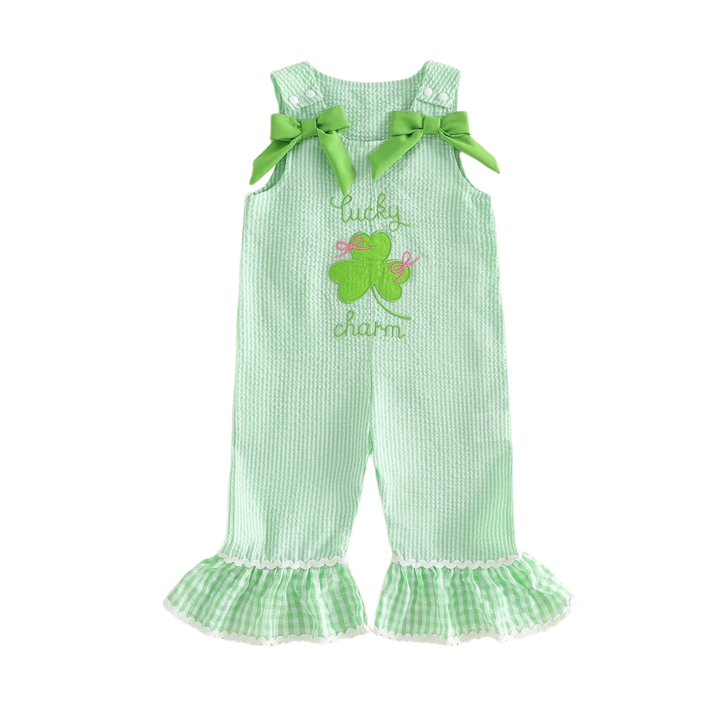 Girls St Patrick's Day Sleeveless Overall Jumpsuit With Clover Embroidery