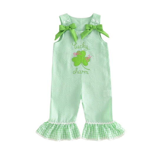Girls St Patrick's Day Sleeveless Overall Jumpsuit With Clover Embroidery