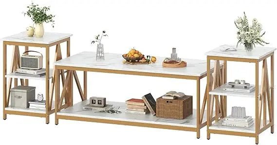 Industrial Style Triangular Coffee Table Set With 2 Side Tables