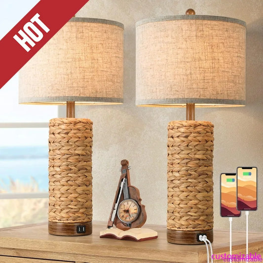 Rattan Table Lamps Set Of 2 With USB Ports LivingArea