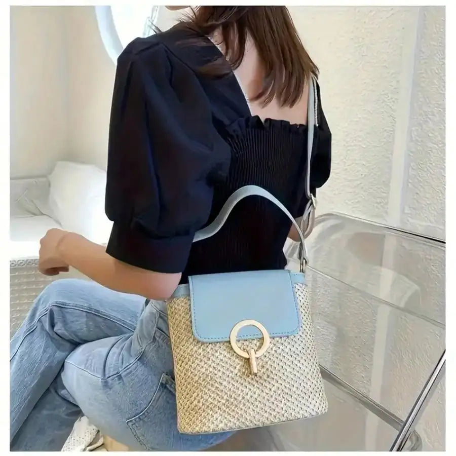 Woven Beach Crossbody Bag With Adjustable Strap And Gold Lock