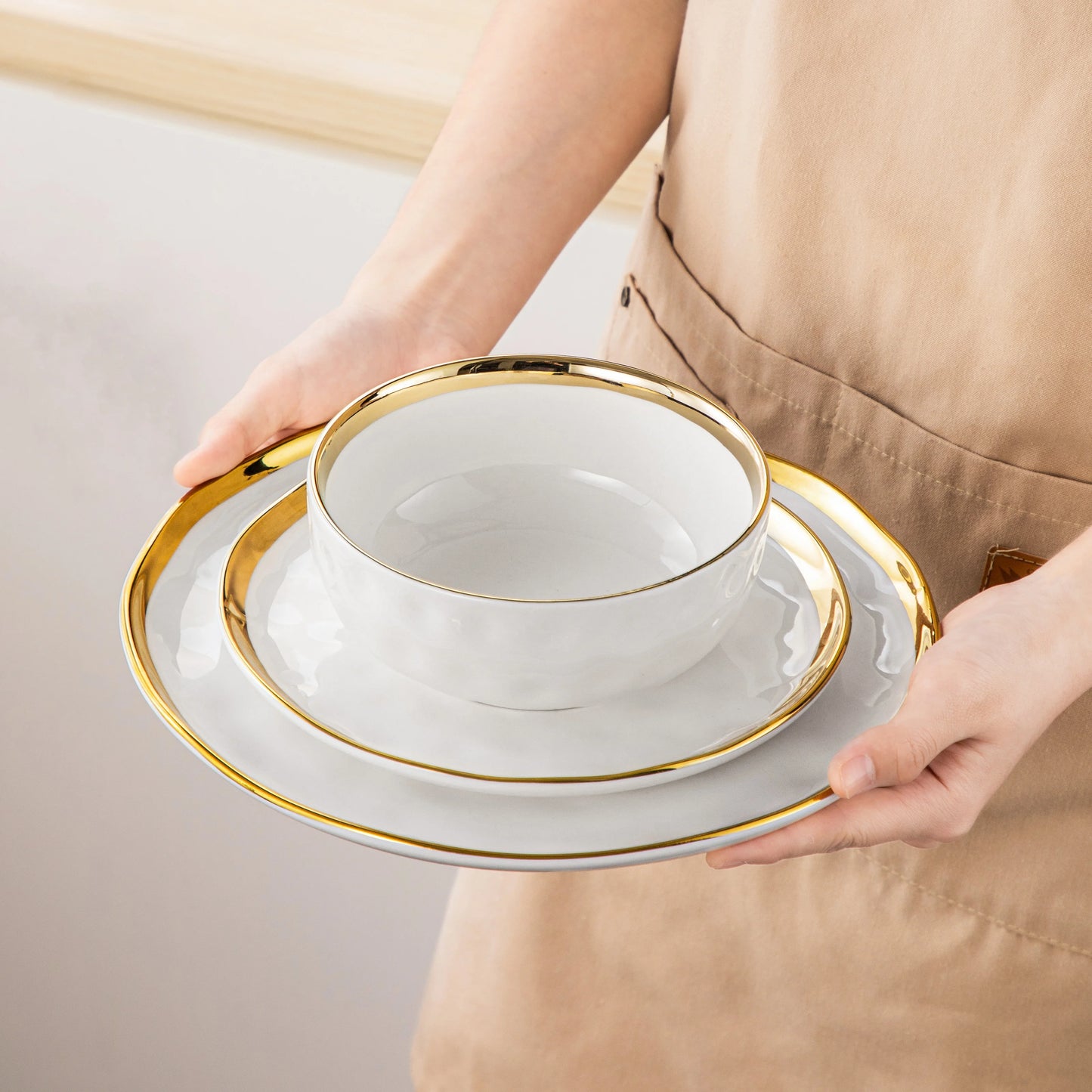 Malacasa Porcelain Ceramic Dinnerware Set White Gold Rim