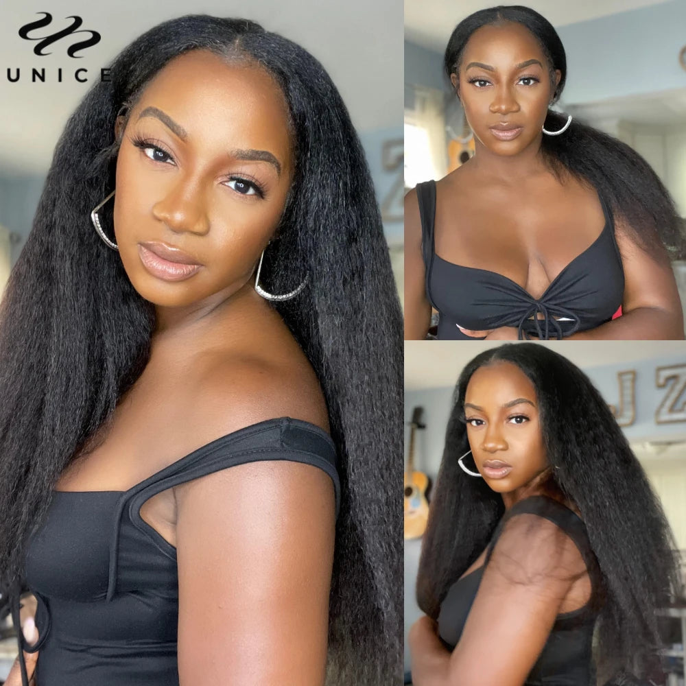 Unice Kinky Straight Remy V U Part Wig Drawstring Cap