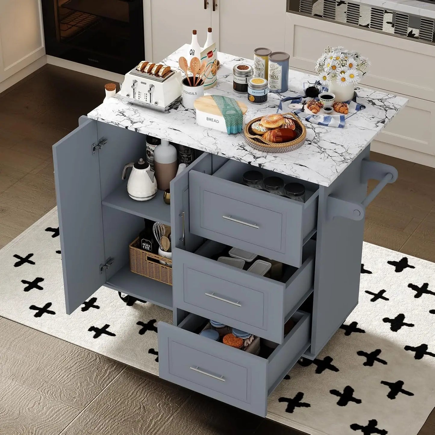 Rolling Kitchen Island With Storage Spice Rack And Towel Rack