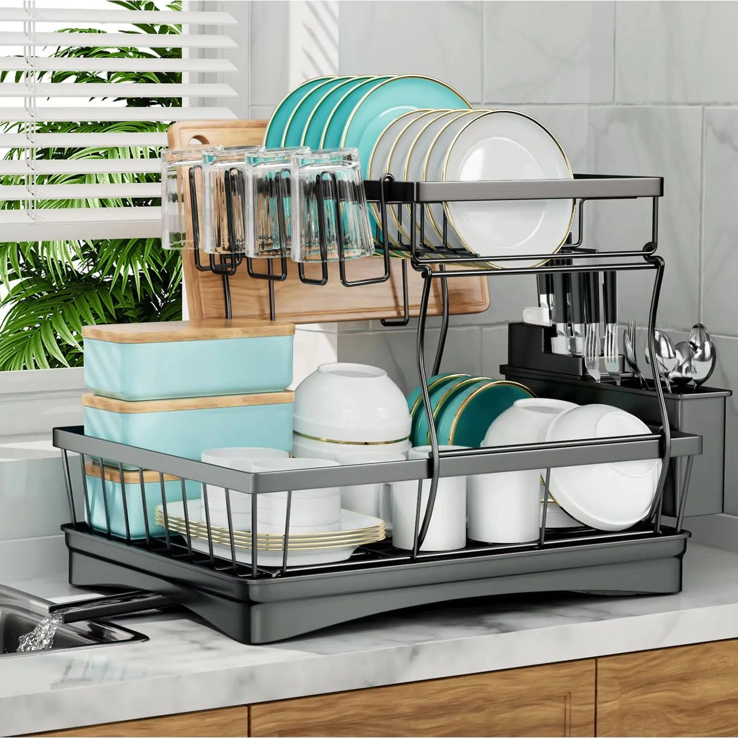 Two Tier Dish Drying Rack For Kitchen Countertops Removable Large Capacity
