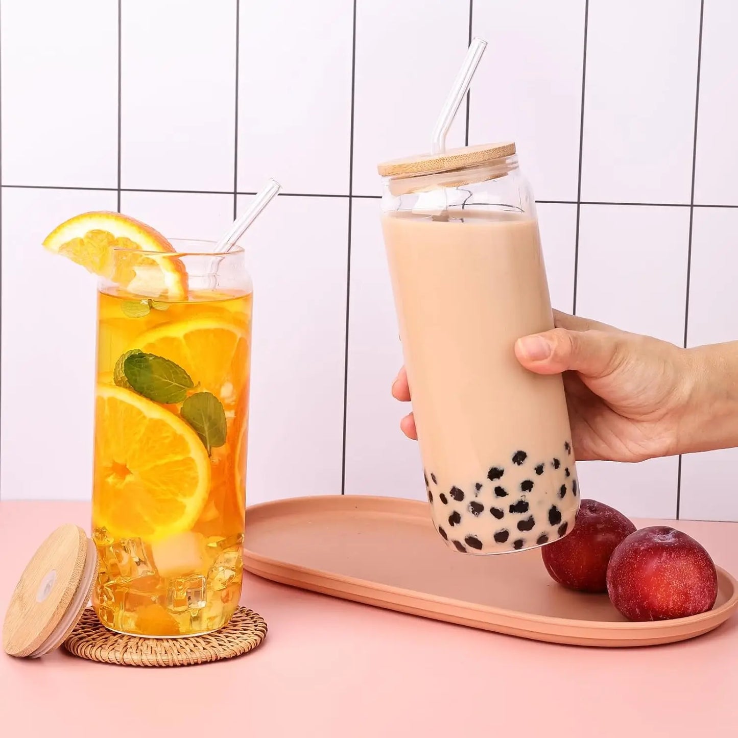 NONEDrinkware 4-Piece Glass Drinking Set With Bamboo Lids And Straws