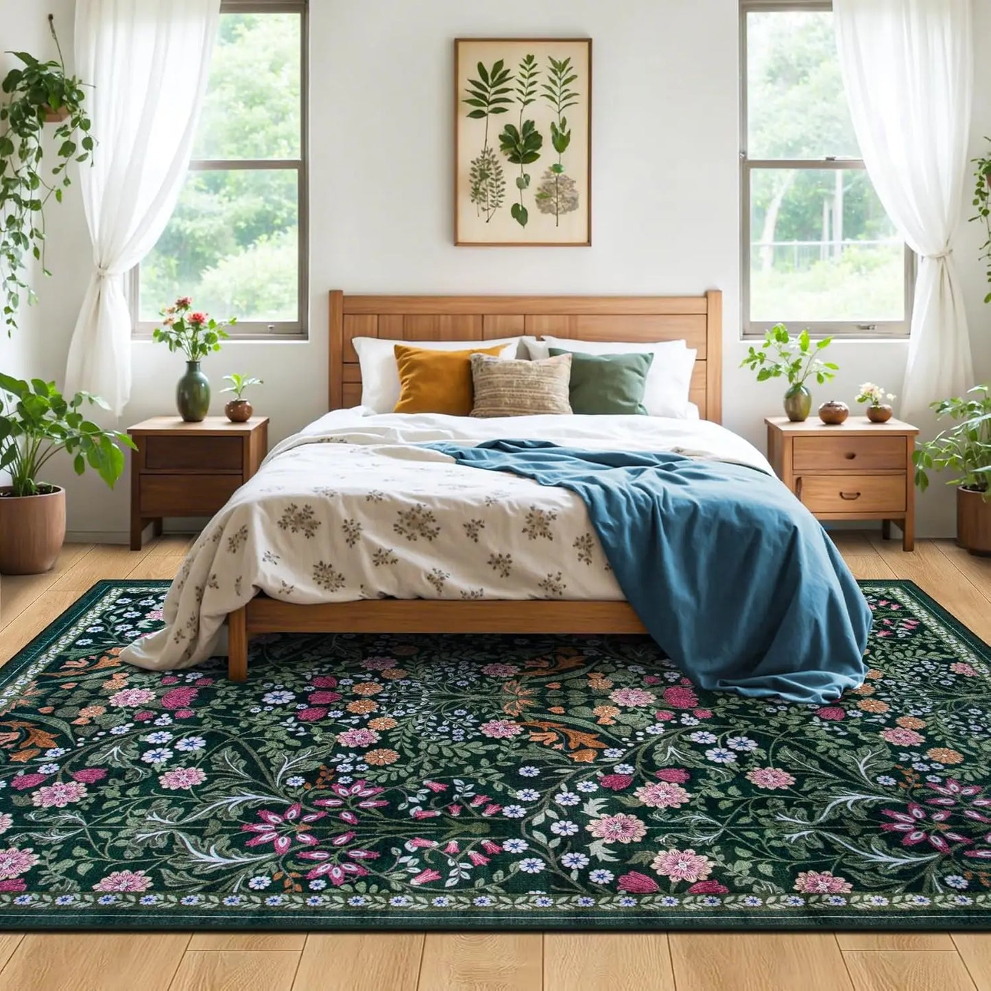 Floral Washable Rug Non Slip Carpet Polyester For Living Room