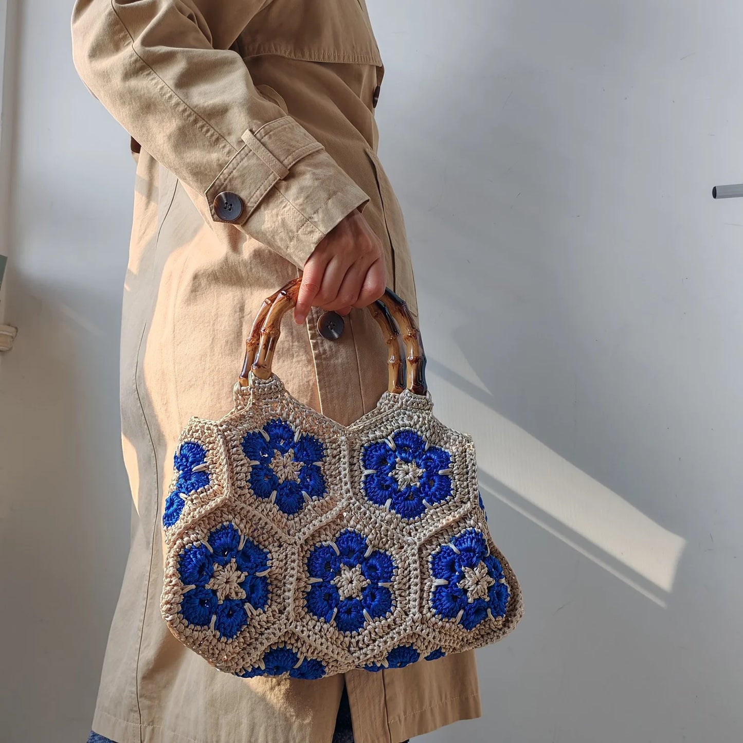 Handmade Crochet Granny Square Tote Bag With Bamboo Handle For Women