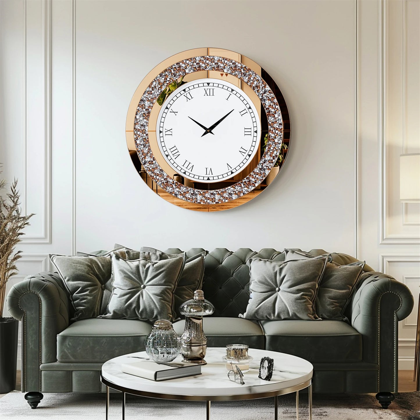 Round Mirror Clock With Crystal Sparkle Wall Decor