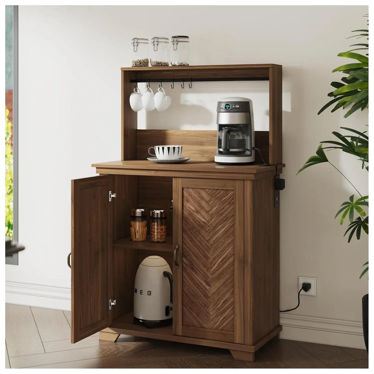 Farmhouse Coffee Bar Cabinet With Storage And Charging Station
