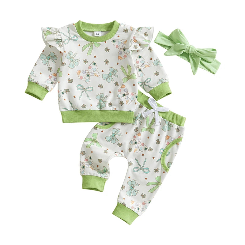 St Patrick's Day Baby Girl Outfit Set Shamrock Print 3Pcs
