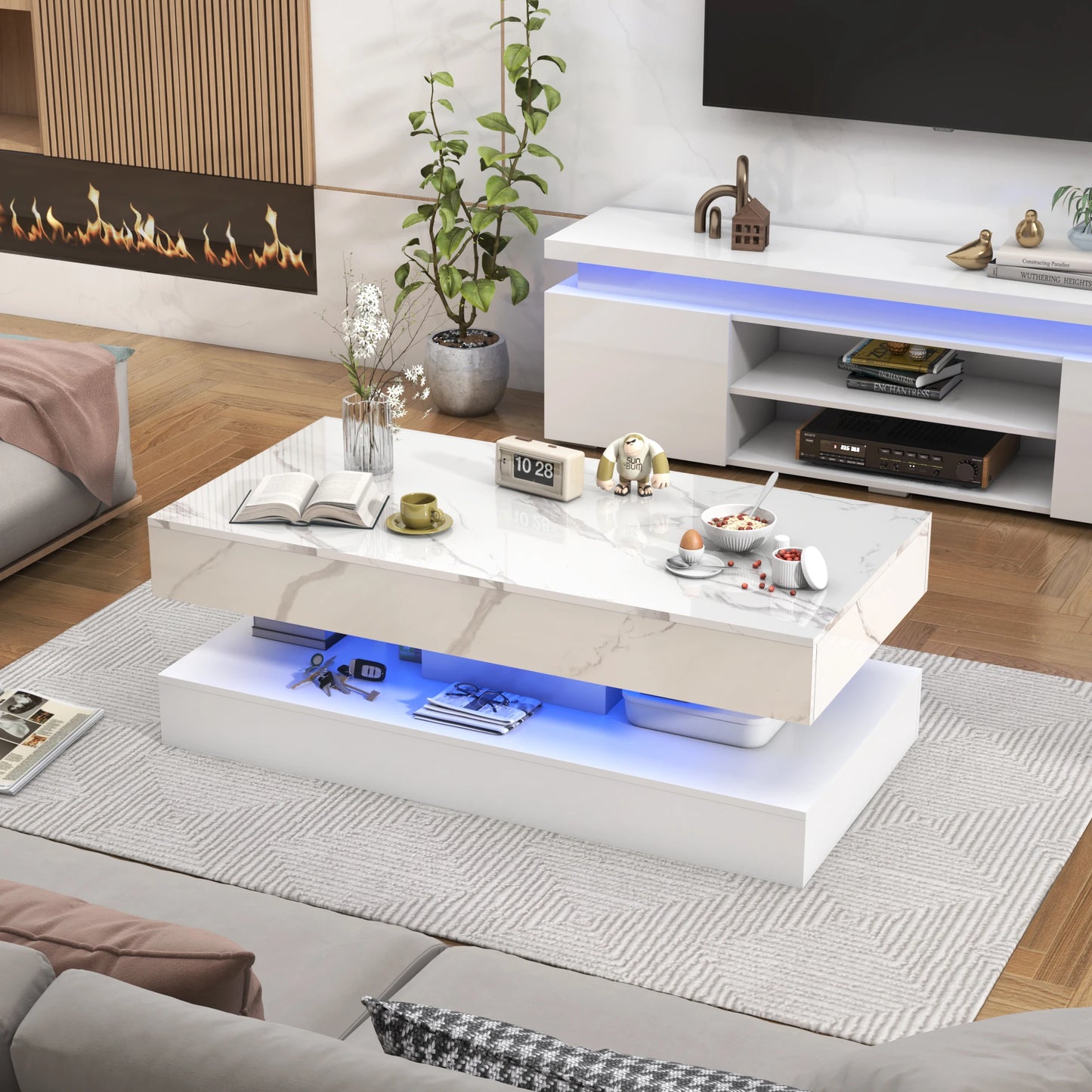 QiaoShiRen Modern Coffee Table With LED Lights And Storage Drawers