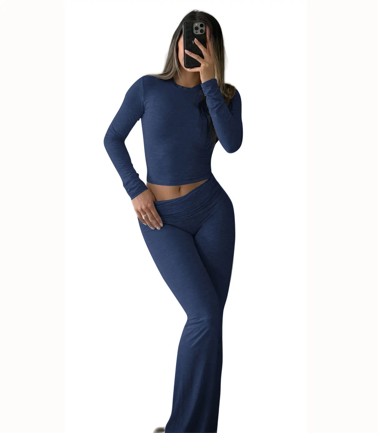 Womens Yoga Two-Piece Long-Sleeve Wide-Leg Activewear Set For Home