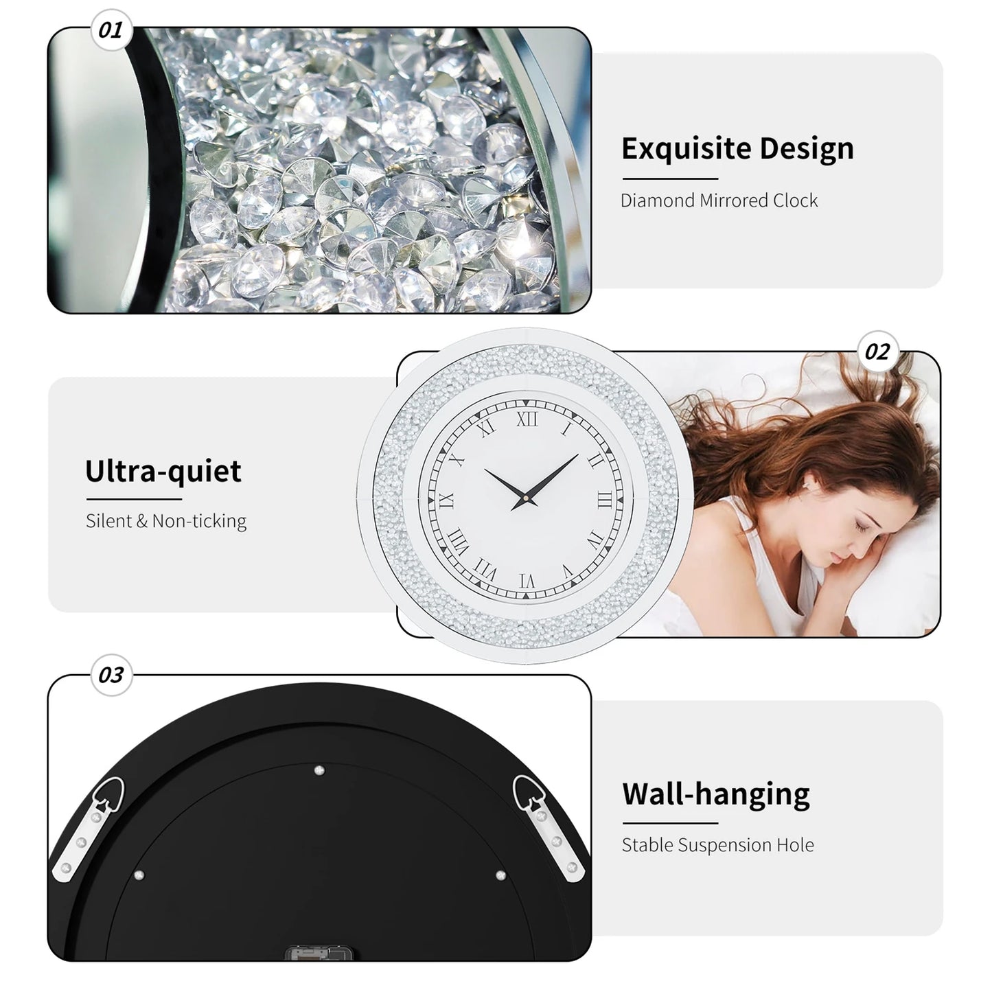 Round Mirror Clock With Crystal Sparkle Wall Decor