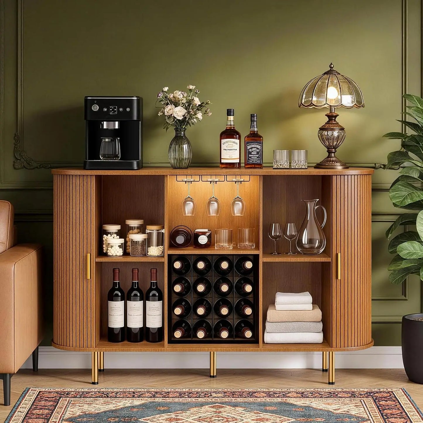 Fluted Wine Bar Cabinet With Storage And Wine Rack